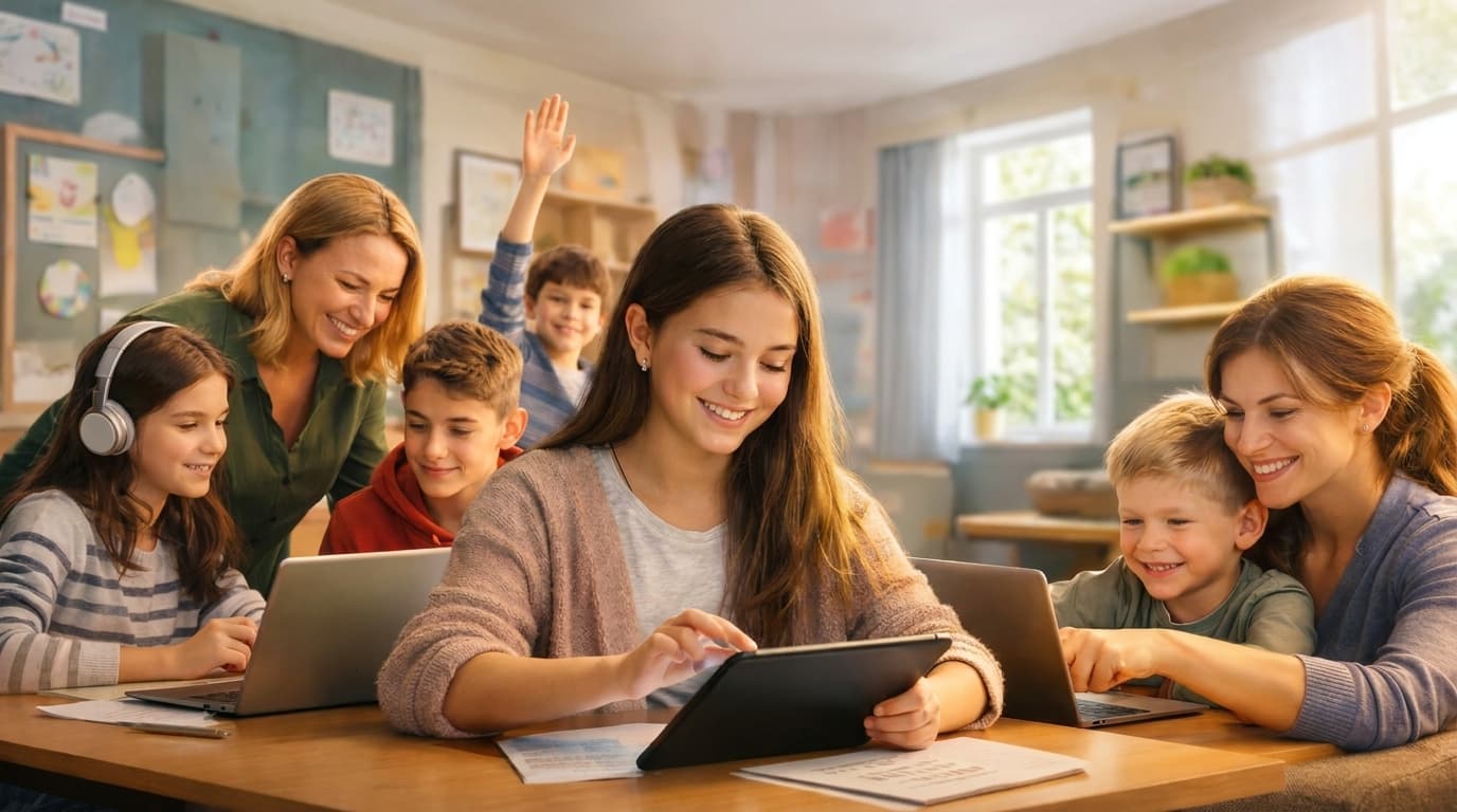 Illustration of a teacher and student using 321school