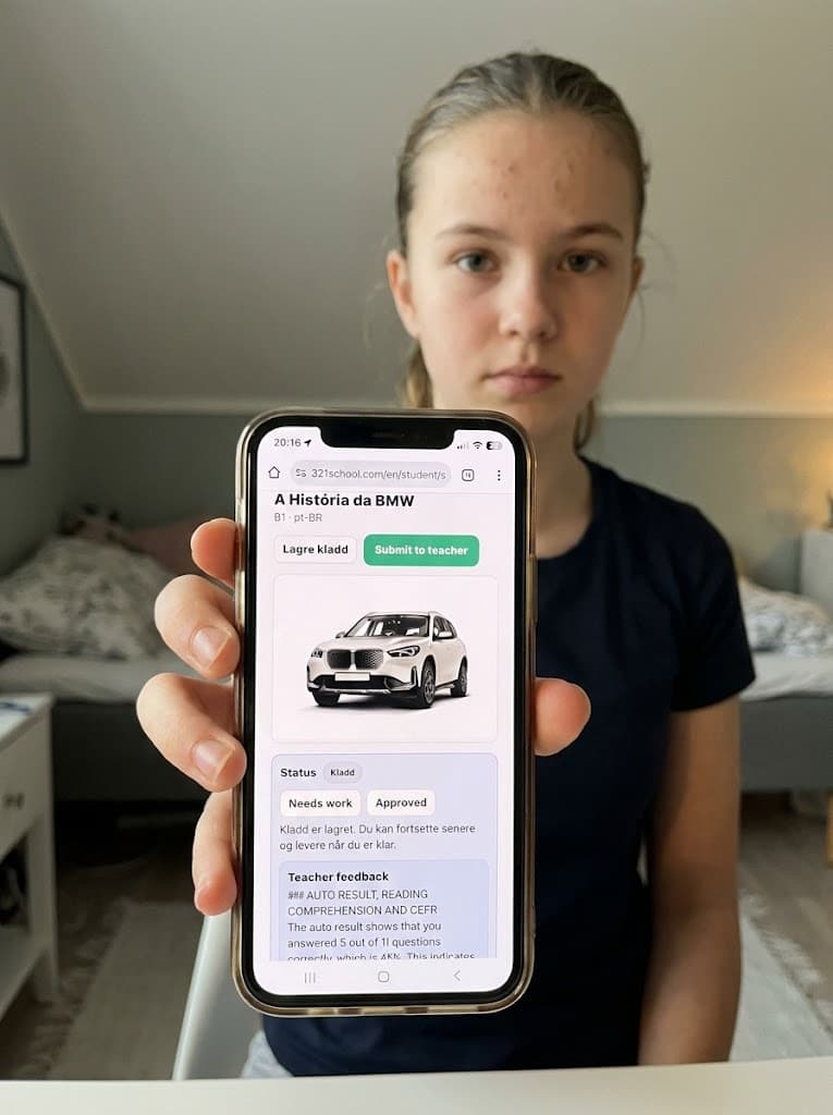 Student learning languages with text, audio, translation and feedback
